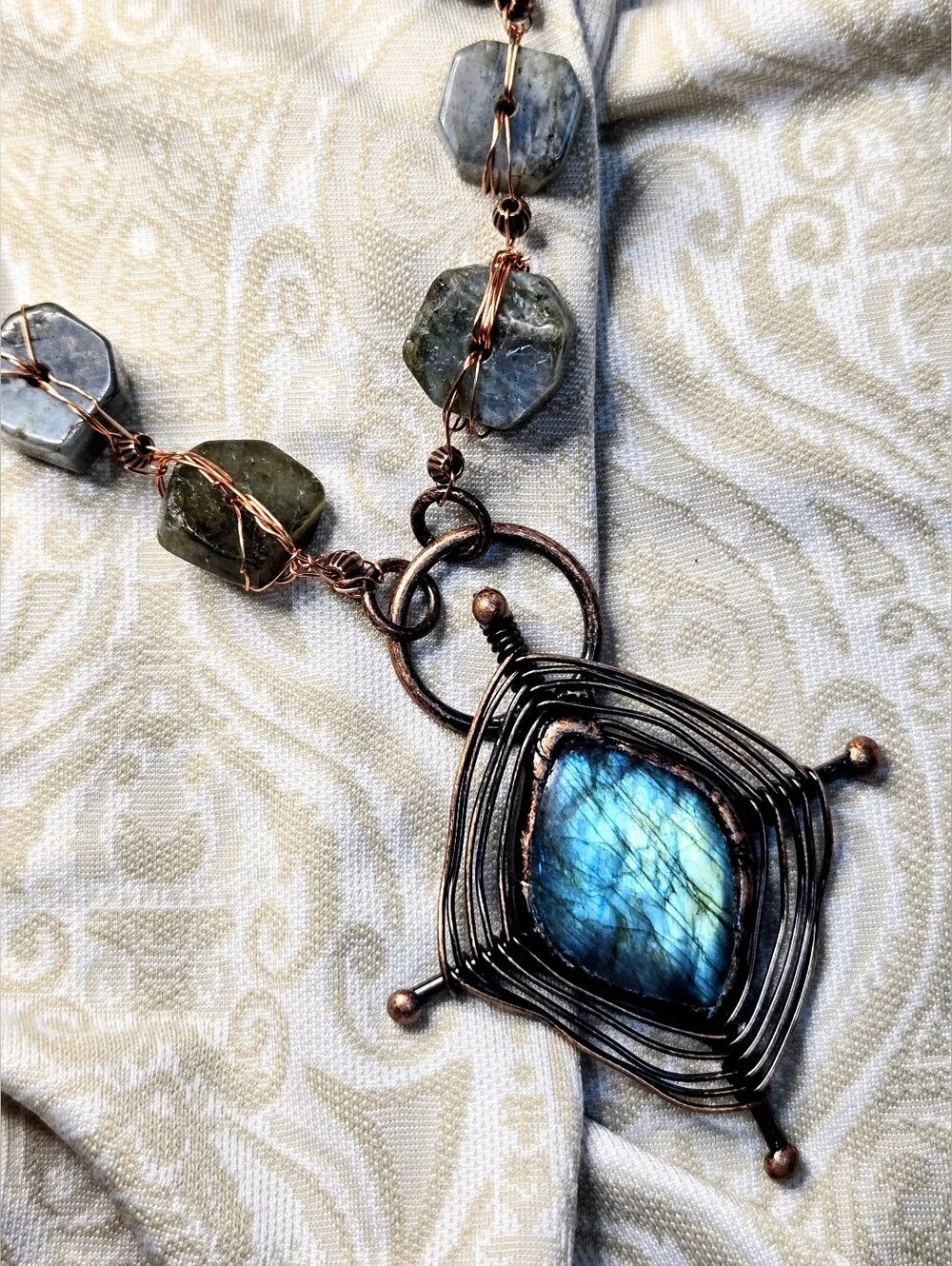 Handmade Natural Wheel Labradorite & Pendant Wire Wrapped Artisan Made Necklace